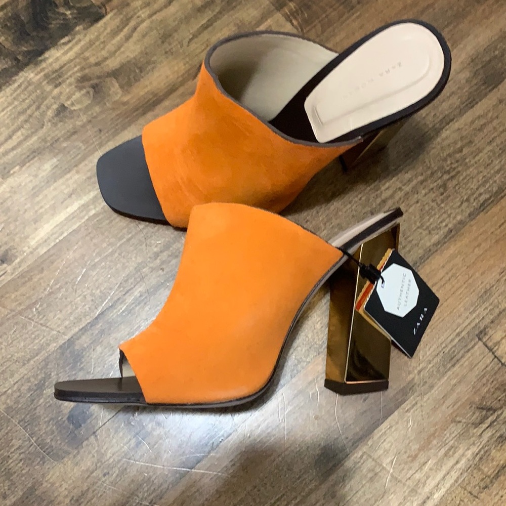 Zara orange and gold block heel mules. New with tags. Size 8